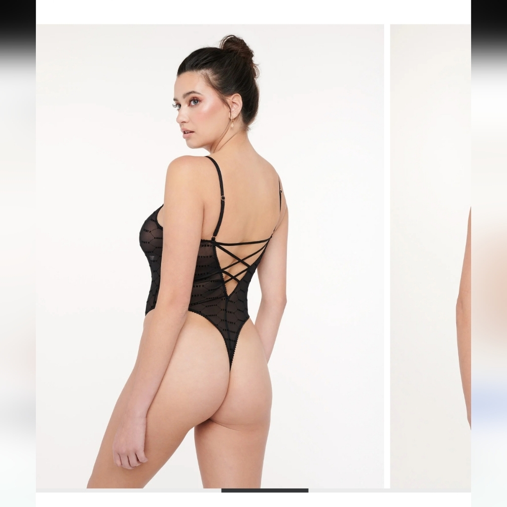 Savage X Fenty Flocked Logo Teddy Sheer Black Bodysuit Teddy Sz Med Women - Picture 12 of 12